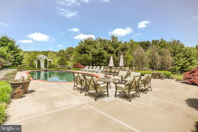 pool with a patio area and a wooded view