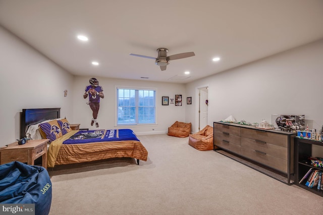 bedroom featuring carpet floors, ceiling fan, and recessed lighting