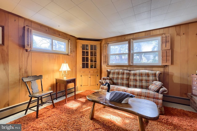 living area with a baseboard heating unit and wooden walls