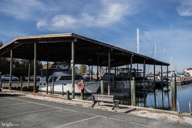 view of dock with a water view and boat lift