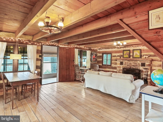 living area with a healthy amount of sunlight, wooden ceiling, a chandelier, beam ceiling, and hardwood / wood-style flooring
