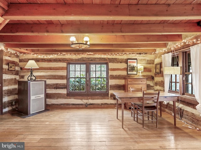dining room featuring beam ceiling, wooden ceiling, and hardwood / wood-style flooring