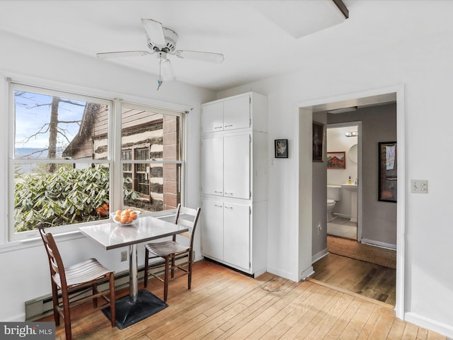 dining area featuring baseboards, light wood-style flooring, baseboard heating, and plenty of natural light