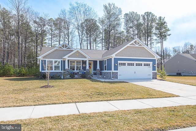 craftsman inspired home with an attached garage, central AC unit, stone siding, driveway, and a front lawn