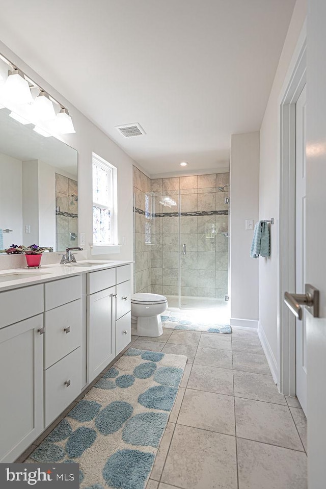 bathroom with double vanity, visible vents, toilet, a stall shower, and tile patterned flooring