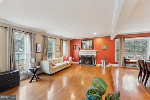 living area featuring light wood finished floors, baseboards, a premium fireplace, ornamental molding, and recessed lighting