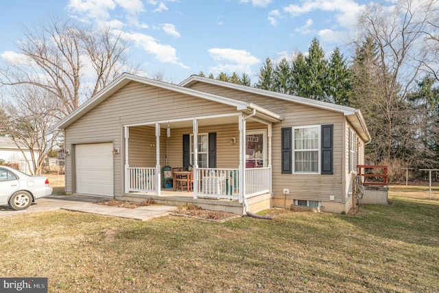 bungalow-style home with concrete driveway, a porch, an attached garage, and a front yard