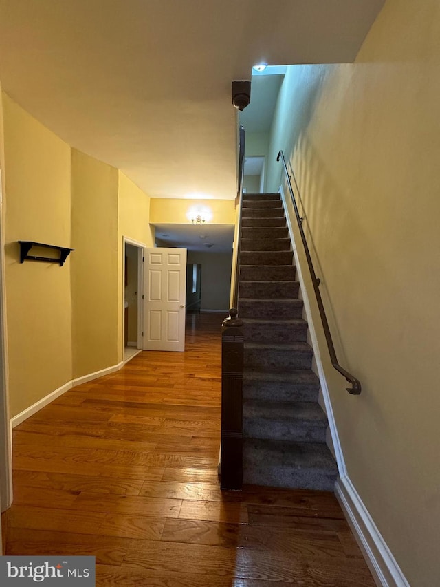 stairs with baseboards and hardwood / wood-style floors