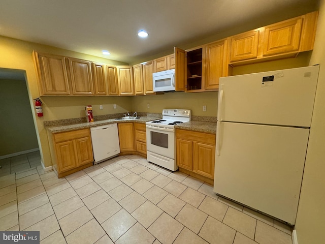 kitchen featuring open shelves, white appliances, light tile patterned flooring, and recessed lighting