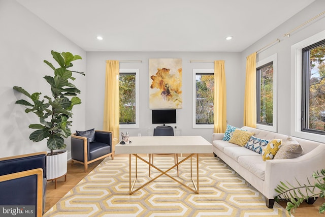 interior space featuring wood finished floors and recessed lighting