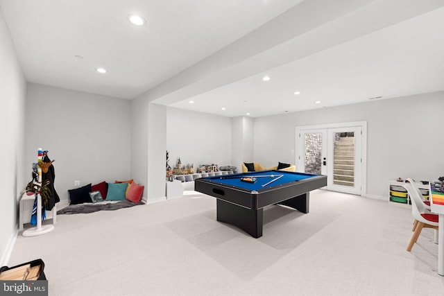 playroom with light carpet, pool table, french doors, and recessed lighting