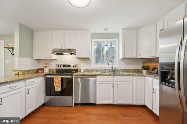 kitchen with light wood-style flooring, appliances with stainless steel finishes, under cabinet range hood, white cabinetry, and a sink