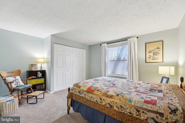 bedroom with carpet floors, a textured ceiling, baseboards, and a closet