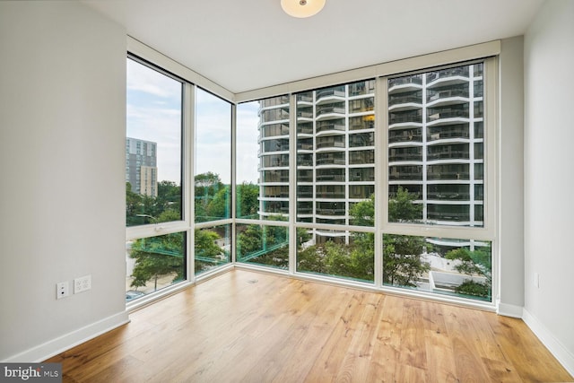 unfurnished room with baseboards, a healthy amount of sunlight, wood finished floors, and floor to ceiling windows