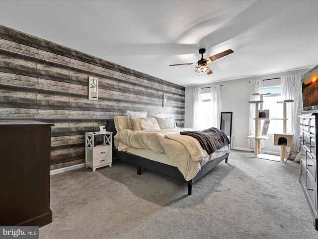 bedroom featuring carpet flooring, ceiling fan, and baseboards