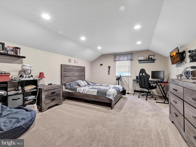 bedroom featuring lofted ceiling, light colored carpet, baseboards, and recessed lighting