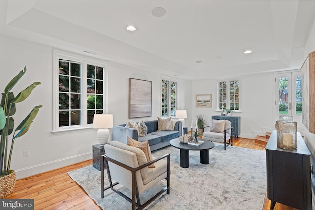 506 Ivy Cir, Alexandria, VA 22302 - living area with baseboards, a raised ceiling, a healthy amount of sunlight, and light wood finished floors