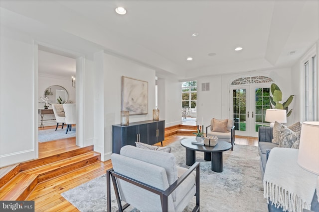 506 Ivy Cir, Alexandria, VA 22302 - living room featuring a tray ceiling, visible vents, recessed lighting, french doors, and hardwood / wood-style flooring