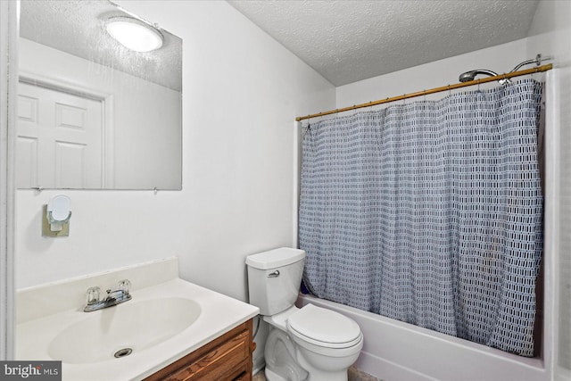 full bathroom featuring shower / bathtub combination with curtain, toilet, a textured ceiling, and vanity