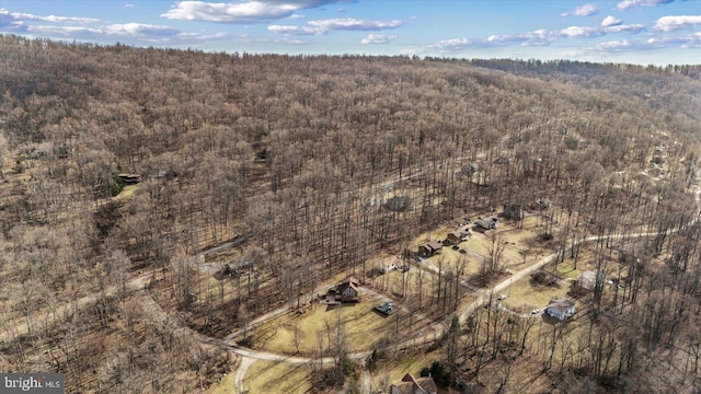 aerial view featuring a wooded view