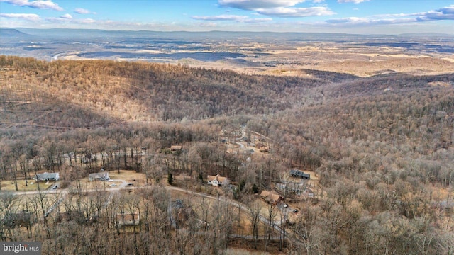 aerial view with a mountain view and a wooded view