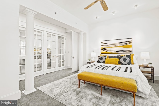 bedroom with ceiling fan, carpet, decorative columns, and baseboards