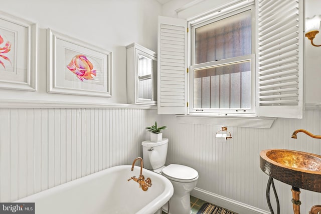 bathroom with toilet, a sink, and a freestanding bath