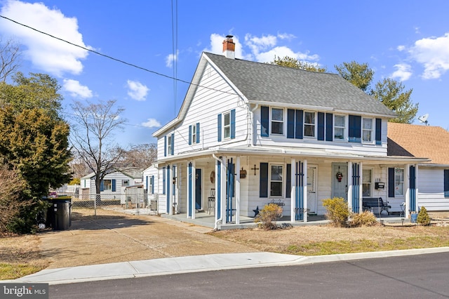 view of front of house featuring covered porch, roof with shingles, and a chimney