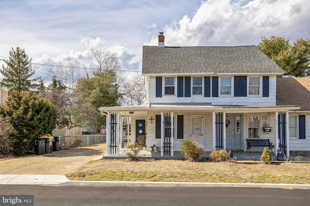 view of front of property with covered porch, roof with shingles, fence, and a chimney