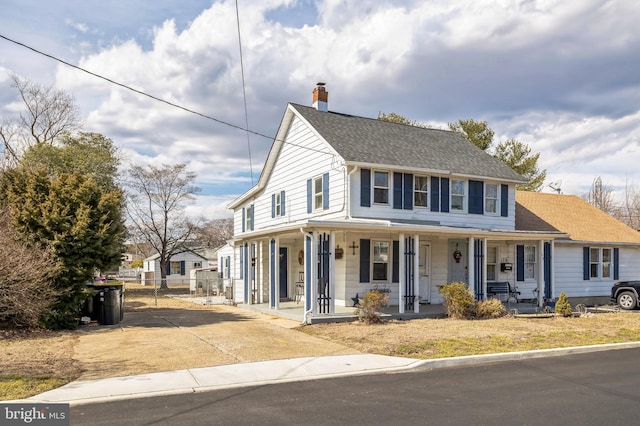 view of front of house featuring a porch, a shingled roof, fence, concrete driveway, and a chimney