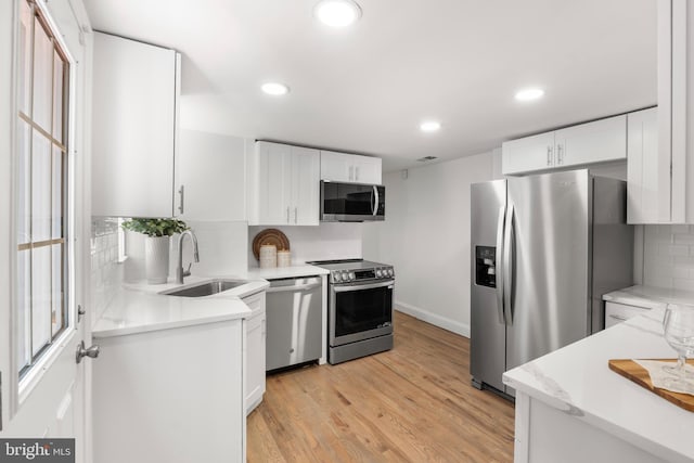 kitchen with appliances with stainless steel finishes, tasteful backsplash, a sink, recessed lighting, and white cabinetry