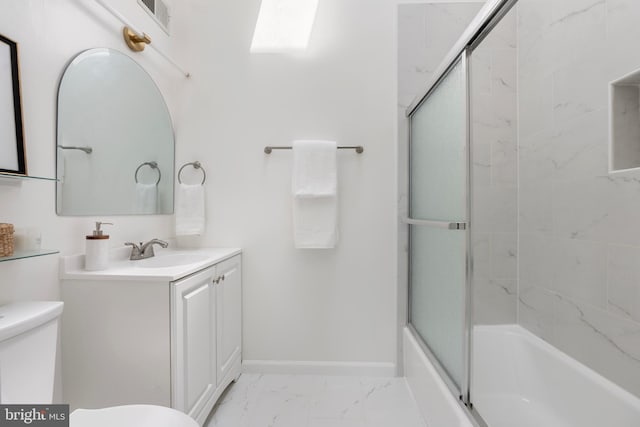 full bathroom featuring visible vents, vanity, baseboards, toilet, and marble finish floor