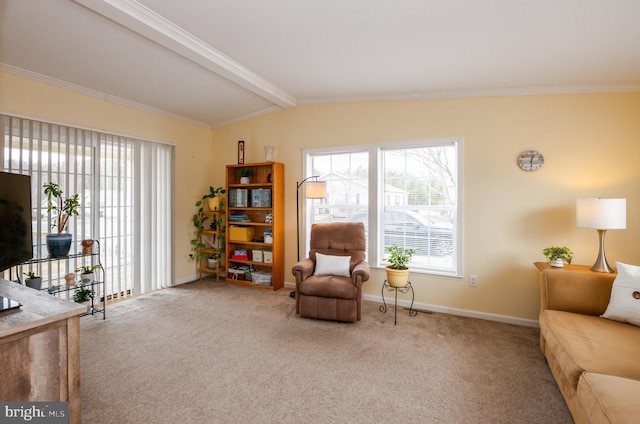 sitting room featuring vaulted ceiling with beams, crown molding, carpet flooring, and baseboards