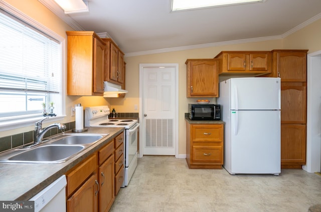 kitchen featuring white appliances, crown molding, under cabinet range hood, and a sink