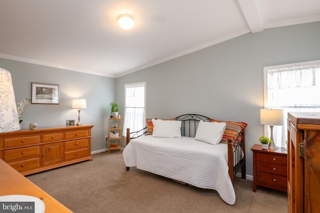 bedroom with ornamental molding, light colored carpet, and vaulted ceiling with beams