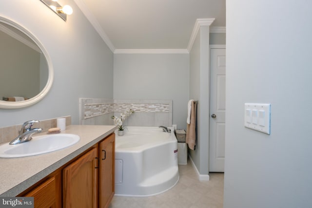 full bathroom with a bath, crown molding, and vanity