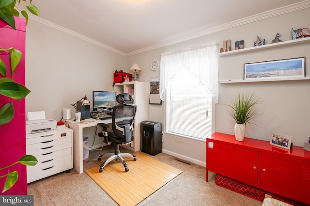 carpeted office featuring ornamental molding, visible vents, and baseboards