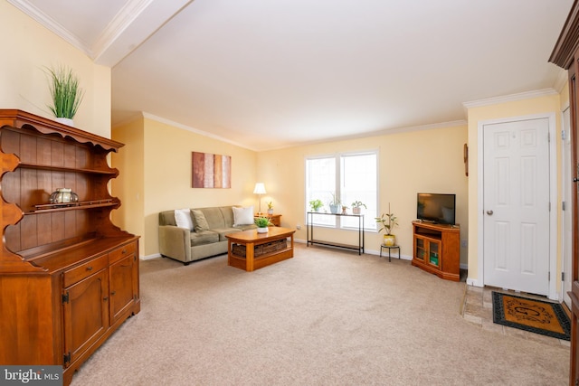 living area featuring light carpet, baseboards, and crown molding