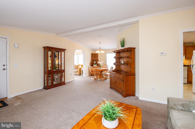 living room with arched walkways, lofted ceiling with beams, light colored carpet, baseboards, and crown molding