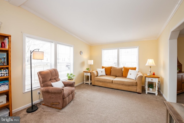 living room featuring carpet, ornamental molding, and a wealth of natural light