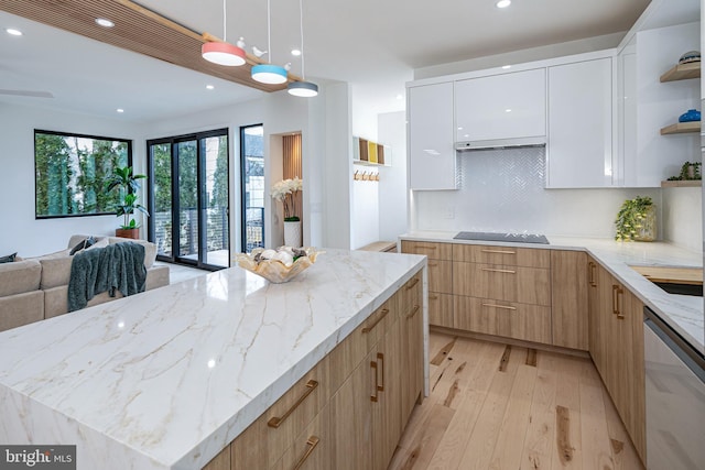 kitchen with dishwasher, open shelves, open floor plan, and modern cabinets