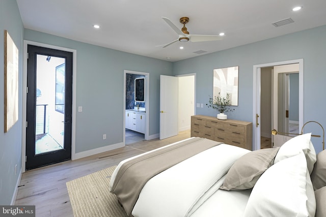 bedroom with recessed lighting, visible vents, a ceiling fan, light wood-type flooring, and baseboards