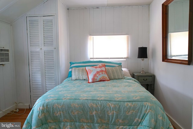 bedroom featuring vaulted ceiling, wood finished floors, multiple windows, and a closet