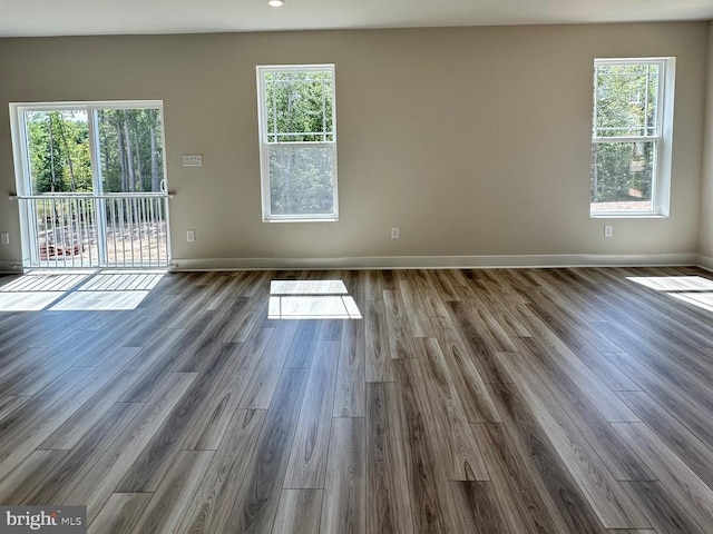 spare room with plenty of natural light, baseboards, and dark wood-type flooring