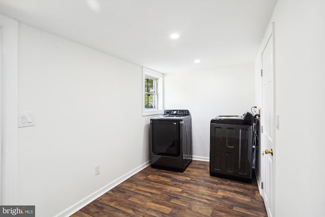 washroom with laundry area, baseboards, washer and clothes dryer, dark wood finished floors, and recessed lighting