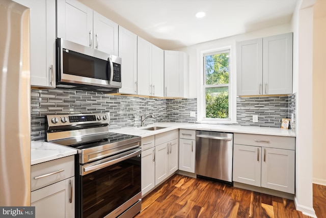 kitchen featuring light stone counters, stainless steel appliances, dark wood-style flooring, a sink, and decorative backsplash