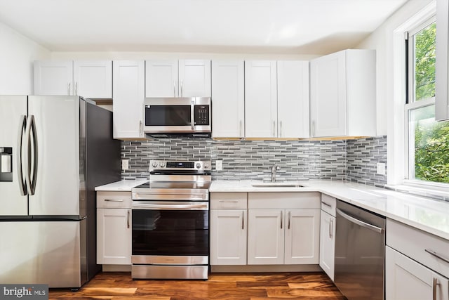 kitchen featuring stainless steel appliances, a sink, backsplash, and wood finished floors