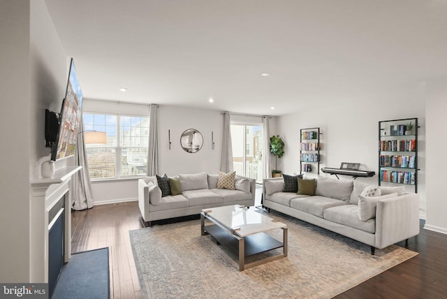 living area with dark wood-style floors, a glass covered fireplace, and a healthy amount of sunlight