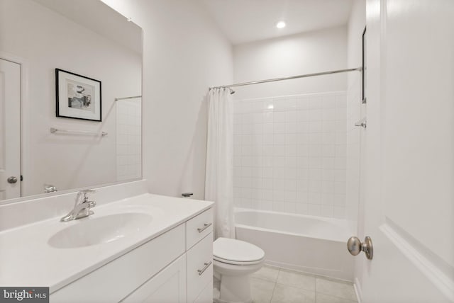 bathroom with tile patterned flooring, shower / bath combo with shower curtain, toilet, recessed lighting, and vanity