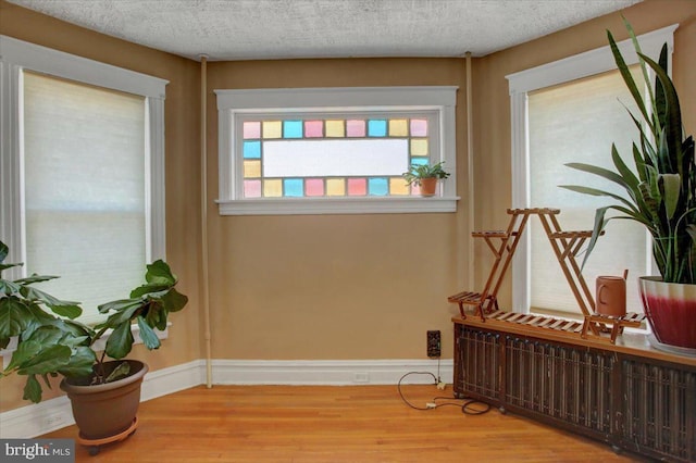 sitting room featuring radiator, wood finished floors, baseboards, and a textured ceiling